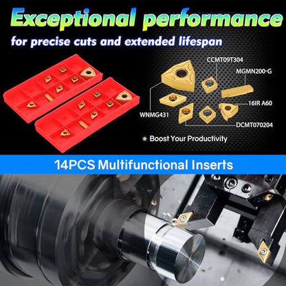 Indexable Lathe Turning Tool 21Pcs Kit 1/2'' 12mm Shank 7Pcs Carbide Turning Tool Holders with 14Pcs Tin Coated Turning Inserts Metal Lathe Tool Holder Set for Turning Grooving Threading Boring - style: Black 7pcs 1/2'' 12mm Shanks+14pcs Inserts