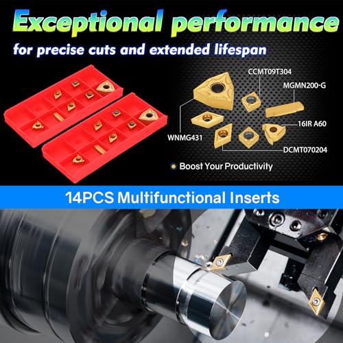 Indexable Lathe Turning Tool 21Pcs Kit 1/2'' 12mm Shank 7Pcs Carbide Turning Tool Holders with 14Pcs Tin Coated Turning Inserts Metal Lathe Tool Holder Set for Turning Grooving Threading Boring - style: Black 7pcs 1/2'' 12mm Shanks+14pcs Inserts