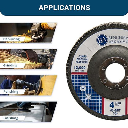 Benchmark Abrasives 4.5" x 7/8" Zirconia Type 29 Flap Discs, 60 Grit - style: 60 Grit | 3000 Count