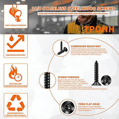 100 PCS #8 X 3/8 Inch Black Coated Flat Head Torx/Star Wood Screws, Stainless Steel 18-8 (A2) Fully Threaded No.8 X 0.39 Length Small Screw by TPOHH - size: #8 X 3/8 inch