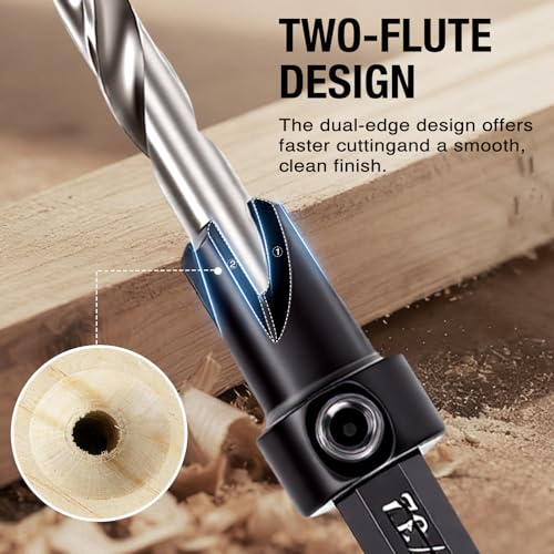 Countersink Drill Bit Set for Wood, 5 Pcs, Adjustable Depth Stop