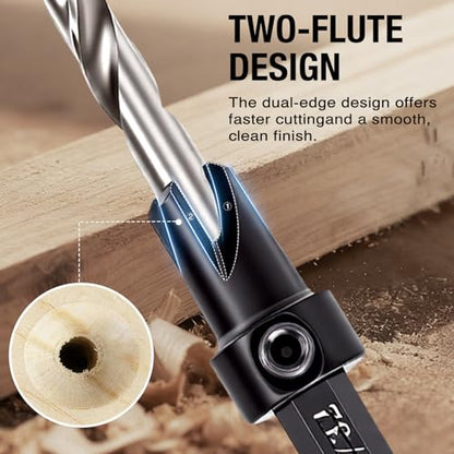 Countersink Drill Bit Set for Wood, 5 Pcs, Adjustable Depth Stop