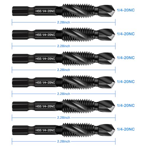 6-Piece 1/4-20NC Combination Drill Tap Bit Set SAE, Made of High-Speed Steel with Anti-Rust Blackened Coating, Ideal for Soft Metal, Wood & Plastic, 1/4” UNC-20 Thread Size, 1/4” Hex Shank - size: 1/4-20NC