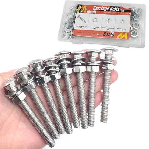 8 Sets 5/16"-18 x3 Carriage Bolts Round Head Square Neck Screws with Hex Nuts Flat Washers Spring Lock Washers 304 Stainless Steel Full Thread Coverage Square Neck Bolts Assortment Kit - size: 5/16"-18 x3"-8 Sets