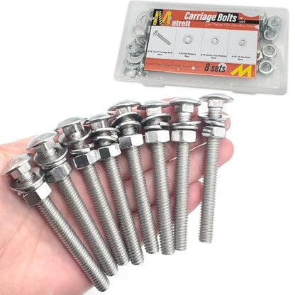 8 Sets 5/16"-18 x3 Carriage Bolts Round Head Square Neck Screws with Hex Nuts Flat Washers Spring Lock Washers 304 Stainless Steel Full Thread Coverage Square Neck Bolts Assortment Kit - size: 5/16"-18 x3"-8 Sets