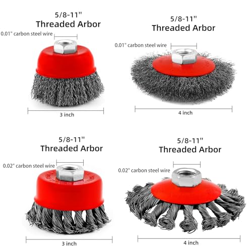 Wire Cup Brush Set Packaged with 4 Different Wire Wheel Brushes for Angle Grinder 4 1/2 Angle Grinder and 5/8”-11 Thread Arbor(4 Packs ) - style: 4 Different Wire Brush Set