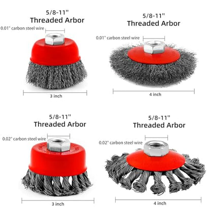 Wire Cup Brush Set Packaged with 4 Different Wire Wheel Brushes for Angle Grinder 4 1/2 Angle Grinder and 5/8”-11 Thread Arbor(4 Packs ) - style: 4 Different Wire Brush Set