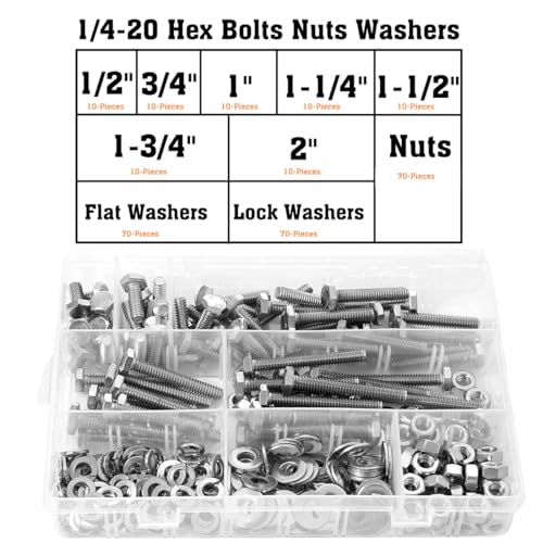 1/4-20 Hex Bolts Assortment Kit, with Hex Nuts, Flat & Lock Washers Set - size: 1/2" to 2"