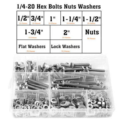 1/4-20 Hex Bolts Assortment Kit, with Hex Nuts, Flat & Lock Washers Set - size: 1/2" to 2"