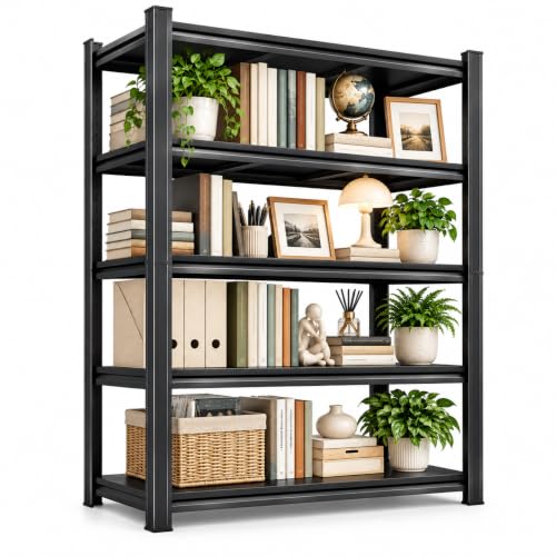 Metal Book Shelf, Adjustable Tall Bookcase, No Assembly Storage Shelves - size: 5Tier-35.4"Wx 17.7"Dx 71.2"H