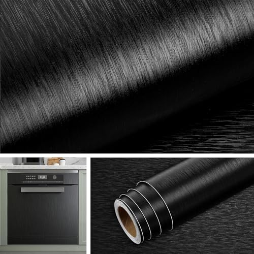 Livelynine 15.8x394 Contact Paper Black Peel and Stick Wallpaper for Kitchen Backsplash Dishwasher Cover Fridge Refrigerator Covers Stainless Steel Vinyl Wrap for Appliances Countertops Heavy Duty - size: 15.8"W x 394"L