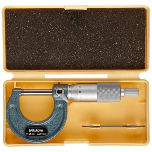 Mitutoyo 103-129 Outside Micrometer, Baked-enamel Finish, Ratchet Stop, 0-25mm Range, 0.001mm Graduation, +/-0.002mm Accuracy