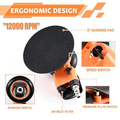 5-inch Pneumatic Random Orbital Sander Set, Dual-Action (DA) Pneumatic Handheld Sander, Low-Noise, Low-Vibration, Suitable for Auto Body Repair, Car Detailing, Woodworking, and Metalworking