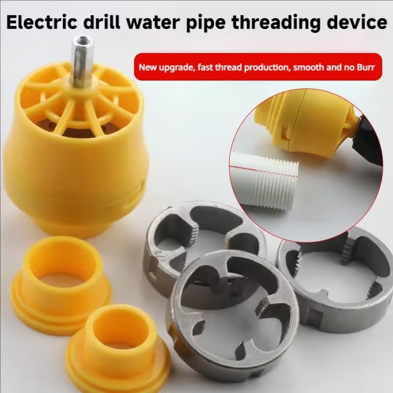 PVC Pipe Threader Kit Pipe Thread Opener, PVC Thread Maker Tool for Electric Drill, with 3 Dies 1/2", 3/4", 1", Reusable Plastic Pipe Round Die for Cutting (Pipe Threader Kit)