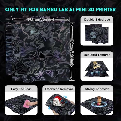IdeaFormer-3D Smooth PER Build Plate for Bambu Lab A1 Mini,Double Sided Water Ripples+Wood Grain Flexible Spring Steel Print Bed 184x184mm for Bambu Lab A1 Mini 3D Printer - color: Water Ripples+Wood Grain PER