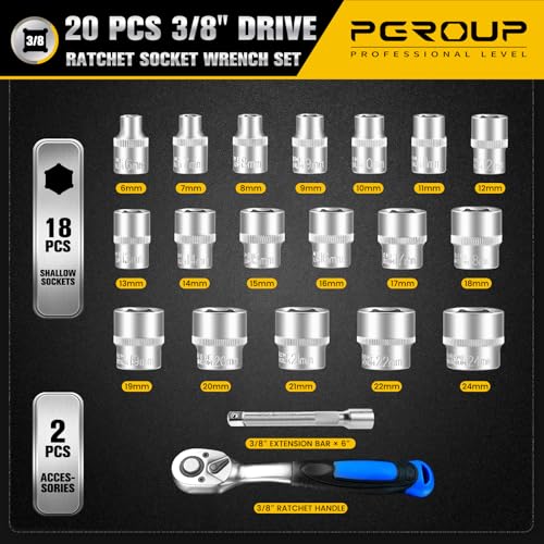 20PCS 3/8" Drive Metric Socket Wrench Set, 90-Tooth Reversible Ratchet Handle，6 Point Shallow Sockets (6-24mm) and Extension Bar 6", CR-V Steel, Tool Set For Car,Motorcycle,Bike Repair - size: 20P 3/8 inch(6-24mm)