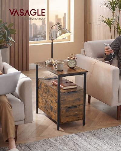 VASAGLE Side End Table with Charging Station, Slim Nightstand with Storage - color: Rustic Brown + Ink Black, size: 23.6"D x 11.8"W