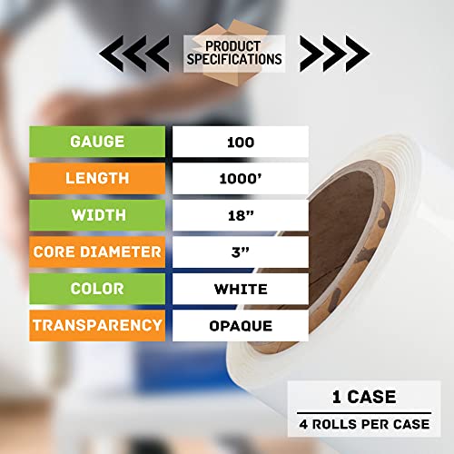 PSBM Dark White Stretch Wrap, 4 Rolls 18 Inch x 1000 Feet 100 Gauge, Heavy Duty Plastic Wrap Industrial Strength Shrink Film for Moving, Packing & Shipping - color: White, size: 18 Inch (XD)