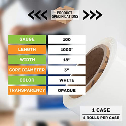 PSBM Dark White Stretch Wrap, 4 Rolls 18 Inch x 1000 Feet 100 Gauge, Heavy Duty Plastic Wrap Industrial Strength Shrink Film for Moving, Packing & Shipping - color: White, size: 18 Inch (XD)
