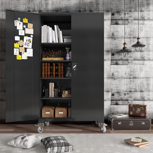 Large Metal Cabinet Two Lockable Doors Four Wheels,Four Adjustable dividers can be Used as Tool File Storage Suitable for garages Schools Gyms Offices