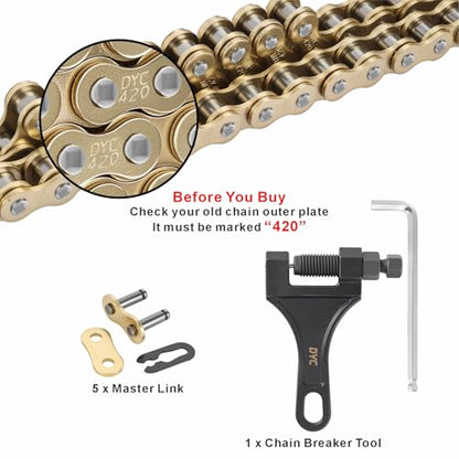 DYC 420 Gold Chain 132 Links with 5 Master Links and Chain Breaker Tool - color: Gold