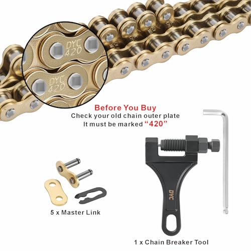 DYC 420 Gold Chain 132 Links with 5 Master Links and Chain Breaker Tool - color: Gold