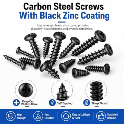 Taiss 888PCS M1.7 M2 M2.3 M2.6 M3 Phillips Pan Head Self Tapping Wood Screws Assortment Kit,15 Sizes Self Tapping Screws for Plastic,Cross Recessed Carbon Steel Black Screw for Wood,Plastic - size: 888PCS