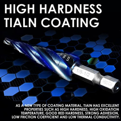 Matework M35 Cobalt Step Drill Bit, Four Spiral Flute Unibit Step Drill Bit (1/8"-1/2") Wear-Resistant TiAlN Coated, 1/4" Hex Shank for Metal, Carbon Steel, Stainless Steel, Wood, Plastic (13 Size) - size: 1/8"-1/2"