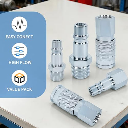 1/2" High Flow Air Hose Fittings, 5Pcs Air Compressor Accessories Including 2Pcs Industrial Air Coupler with 1/2” FNPT, 3Pcs Air Plugs with 1/2” NPT, Quick Connect Fittings Couplers