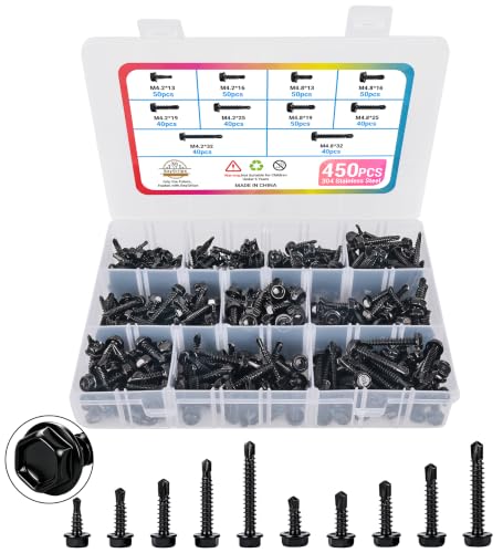 Stainless Steel Wood & Sheet Metal Screw Assortment Self-Tapping Screws (450PCS HEX Black) - size: 450PCS HEX BLACK