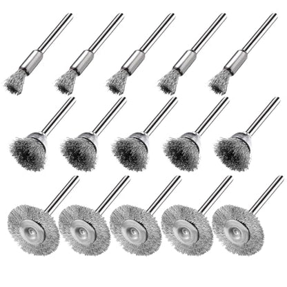 15 Pieces Stainless Steel Wire Brushes, Wire Brush Wheel, Steel Wire Polishing Wheel Kits for Dremel Rotary Tools (1/8 Inch Mandrel) - color: silver