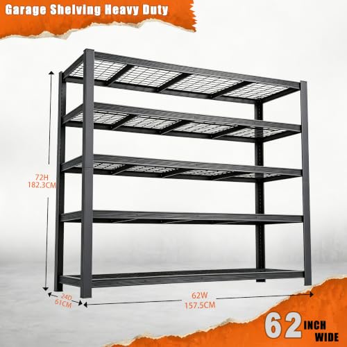 62" W Storage Shelves Unit,5 Tier Heavy Duty Metal garage Shelving Unit - size: 72"H × 62"W × 24"D