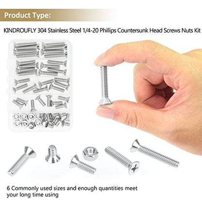 52 Pieces 1/4-20x 1/2", 3/4", 1", 1-1/4", 1-1/2", Phillips Countersunk Head Machine Screws Nuts Assortment Kit, 304 Stainless Steel, Fully Machine Thread - size: 1/4"-20