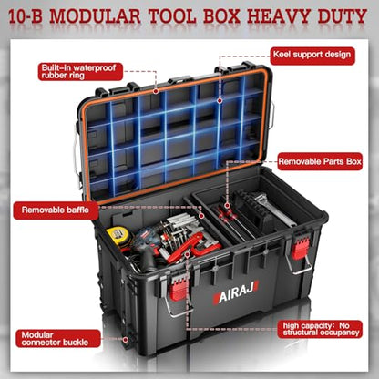 AIRAJ 3 Tier Rolling Tool Box Heavy Duty, Stackable Tool Box with Wheels