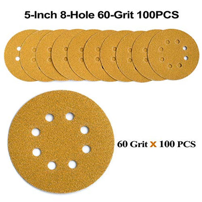 5-Inch 8-Hole Hook and Loop Sanding Discs 60-Grit, 100-Pack