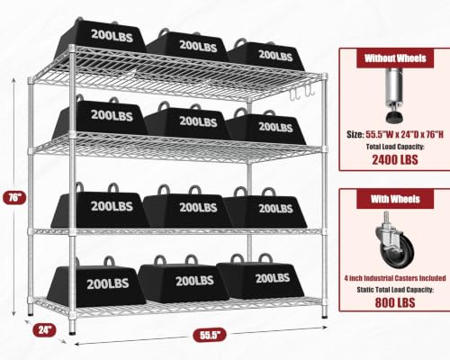 PrimeZone 4 Tier NSF Steel 55.5" Wx24 Dx76 H Wire Shelving 2400lbs - size: 55.5" W x 24" D x 76" H
