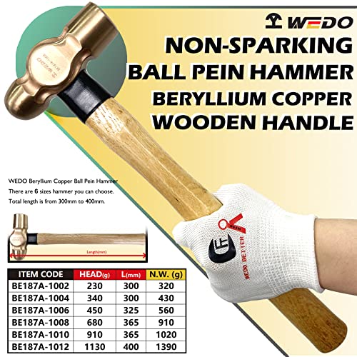 WEDO Ball Pein Hammer,12oz Non-Sparking Ball Peen Hammer,Beryllium Copper,Wooden Handle,Length 300mm,Die-forged Hammer Head 340g,Non-Magnetic,Corrosion Resistant Drilling Hammer - color: Beryllium Copper, size: 12oz