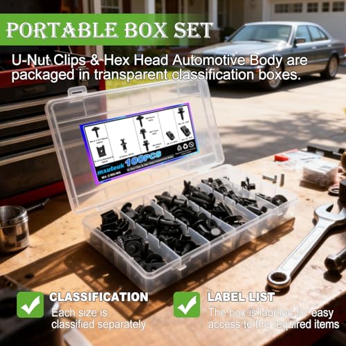 mxuteuk 100PCS U-Nut Clips & Hex Head Automotive Body Fender Bolts Kit,M4.2/M6/1/4/M8 Automotive Bolt for Most Cars Fender,Engine Undertray Cover, Engine Cover & Bumper Fender Liner - color: M4.2 M6 M8 1/4" Kit