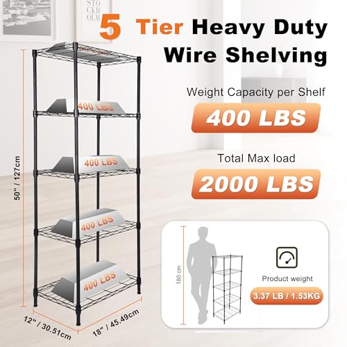 Whitmor 5 Tier Storage Shelves, Heavy Duty Metal Shelving, 400 lbs Capacity per Shelf, 2000 lbs Total, Easy Assembly for Kitchen, Garage, Plant, 18" L x 12" W x 50" H, Black - color: Black, size: 5-TIER, 12"W x18"L x 50"H