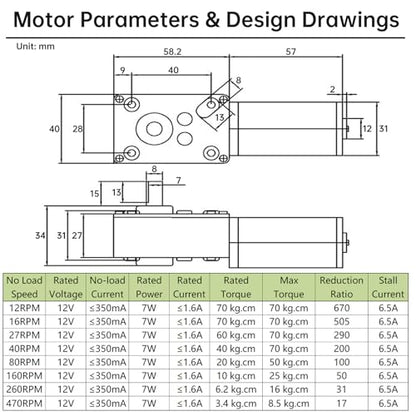 Worm Gear Motor Kit 12V DC 160 RPM Electric Gear Permanent Magnet Motor - size: Speed-160 RPM