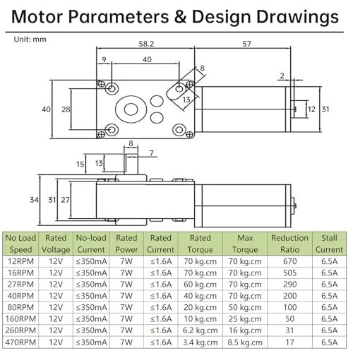 12V DC Worm Gear Motor with Bracket, Couplings Forward‑Reverse Switch - size: Speed-16 RPM
