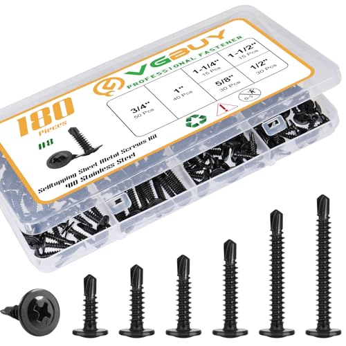 VGBUY 180Pcs #8 Self Tapping Screws Assortment Kit, 410 Stainless Steel Self Drilling Screws for Metal, 6 Sizes (1/2", 5/8", 3/4", 1", 1-1/4", 1-1/2") Modified Truss Head Sheet Metal Screw Black - color: Black