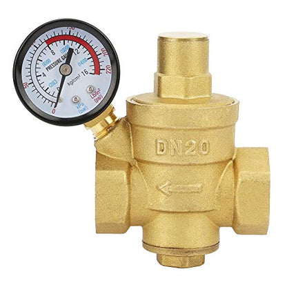 Water Pressure Regulator, Adjustable Brass Valve with Flow Meter Pressure Reducing Valve 3/4 Inch DN20 Thread for Homeowners Plumbers Residential Commercial Water Systems