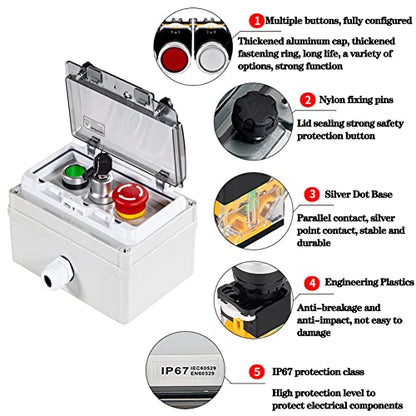 E-Stop Key Switch & Green Start Button IP67 Control Station w/Guard - color: Green button/lock button/emergency stop button