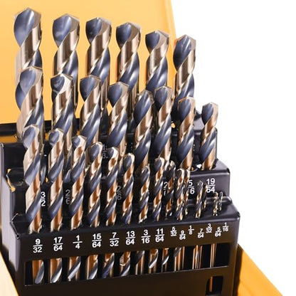 29Pcs Drill Bit Set, 135 Tip HSS with Black and Gold Finish, Metal Twist Jobber Drill Bit Kit for Hardened Metal, Steel, Plastic, Wood with Indexed Storage Case, 1/16" - 1/2" - style: HSS-29PCS