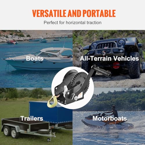 VEVOR Boat Winch,1200 lbs Capacity Hand Boat Trailer Winch Heavy Duty Rope Crank with 23 ft Polyester Strap and Two-Way Ratchet, Manual Operated Hand Crank Winch for Trailer, Boat or ATV Towing