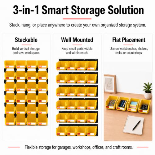 24 Pack Stackable Storage Bins Heavy Duty Parts Box Yellow - color: Yellow-24 Pack, size: 5"x4"x3"