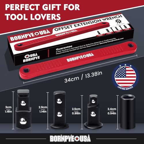 Offset Extension Wrench Set, Impact Ready Socket Wrench Extender Tool with Versatile 1/4", 3/8", and 1/2" Square Drive Adapters (Red)