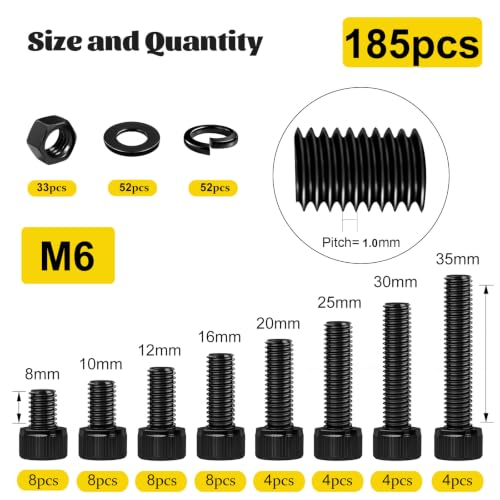 185PCS M6 Socket Screws Assortment Kit, M6x8/10/12/16/20/25/30/35 mm - size: M6 185pcs