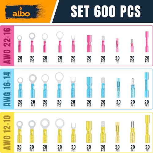 ALBO 600PCS Electrical Connector Kit 3 Colors / 30 Size, Heat Shrink Waterproof Crimp Wire Connectors with Ring Terminals, Spade & Fork Terminal Connectors, Male and Female Wire Terminals - color: Set of 600 connectors of all types